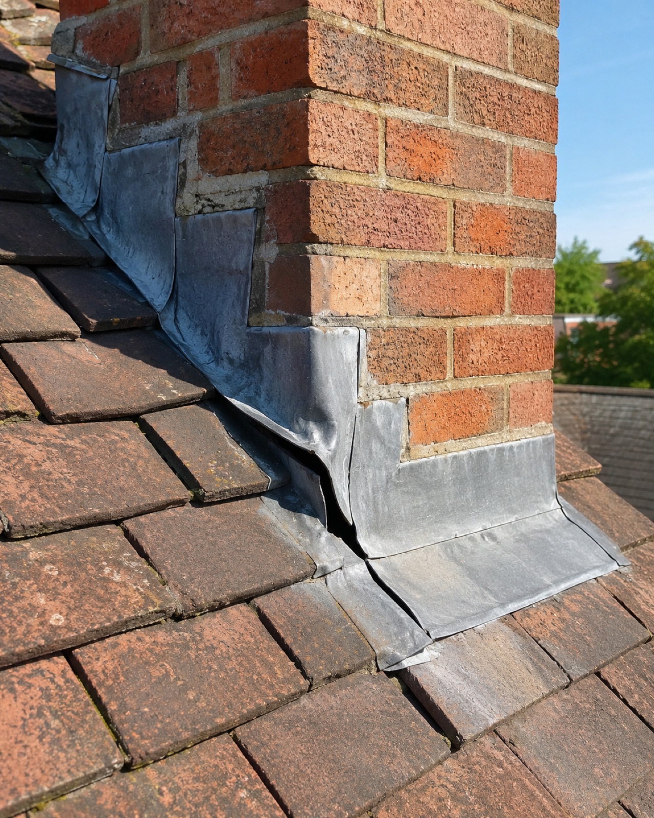 Split lead flashing around a chimney, a common cause of winter leaks.