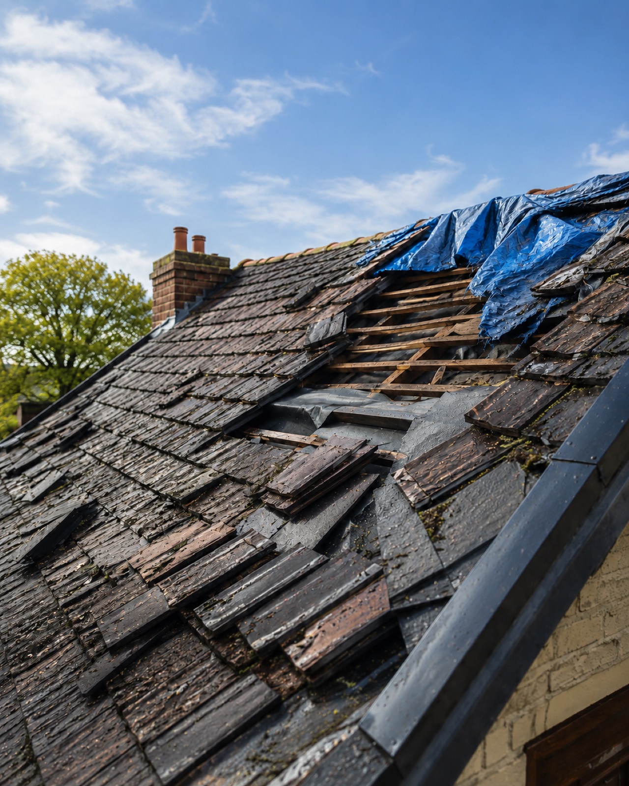 Storm damage to a pitched roof with lifted tiles